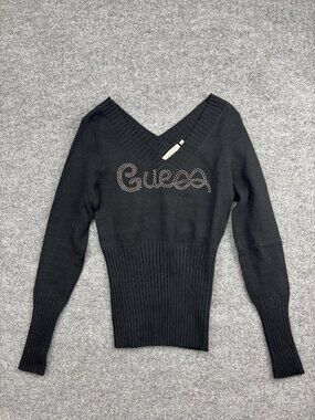 Guess Sweater Womens Small Black V-Neck Rhinestone Logo Ribbed Knit Pullover